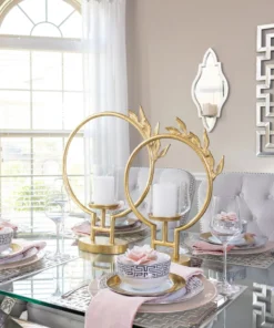 Inspire Me! Home Decor Golden Circle Leaf Design Hurricane Candle Holder (2 Sizes) " From Pops Of Color Home Collection"