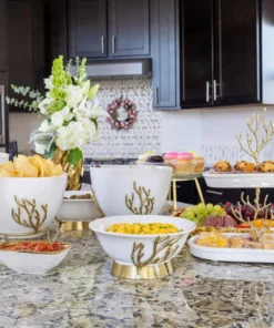 Inspire Me! Home Decor White Ceramic Bowl With Gold Textured Details On Gold Base