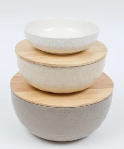 Inspire Me! Home Decor Set Of 3 Ceramic Bowls With 2 Wood Lids