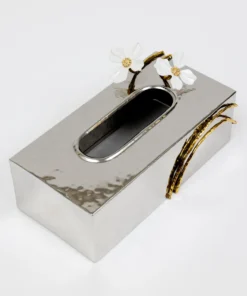 Inspire Me! Home Decor Silver Tissue Box Cover With White Jeweled Flower Details