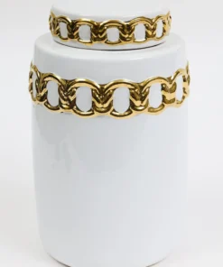 Inspire Me! Home Decor Jars White Ceramic Lidded Jar With Stunning Gold Chain Details (3 Sizes)