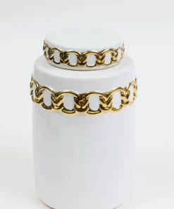 Inspire Me! Home Decor Jars White Ceramic Lidded Jar With Stunning Gold Chain Details (3 Sizes)