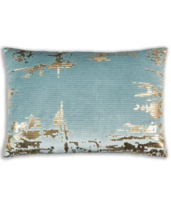 Cloud9d Asra - Oblong Teal Velvet Pillow W/ Quilting And Shiny Gold Foil Print - 20" X 14" PILLOWS, RUGS, & THROWS