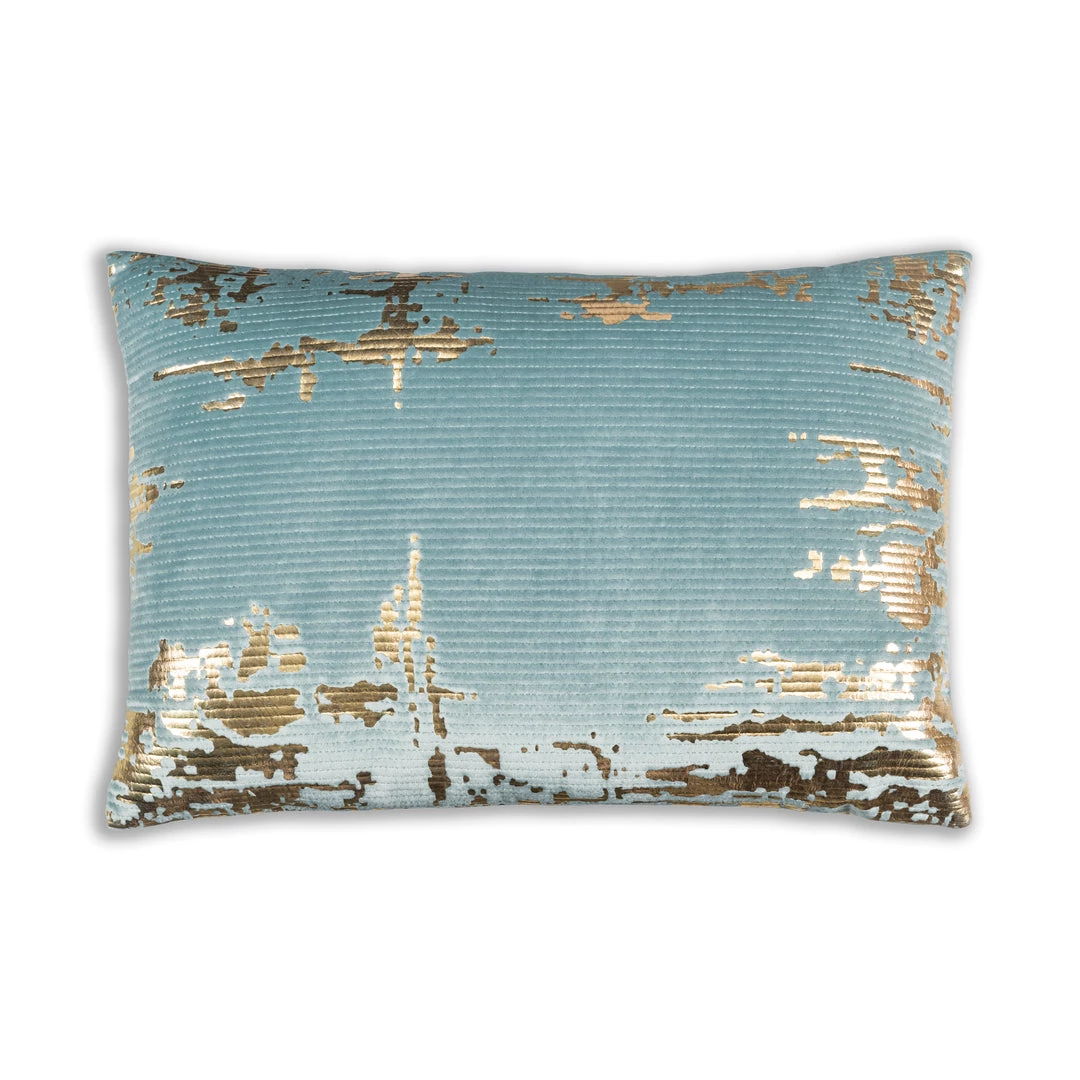 Cloud9d Asra - Oblong Teal Velvet Pillow W/ Quilting And Shiny Gold Foil Print - 20" X 14" PILLOWS, RUGS, & THROWS