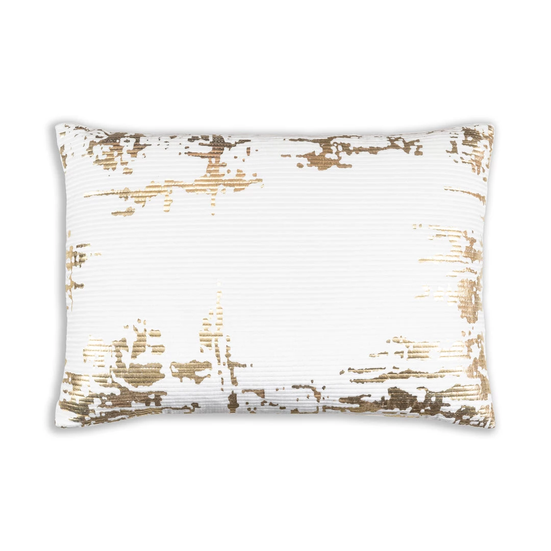 Cloud9d Asra - Oblong White Velvet Pillow W/ Quilting And Shiny Gold Foil Print - 20" X 14"