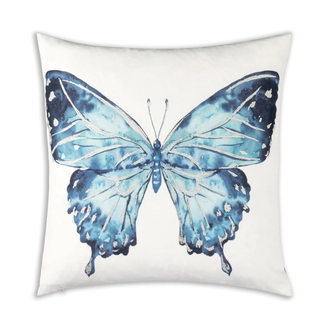 Cloud9d Ella - Digital Outdoor Printed Fabric Pillow In Blue Butterfly Print W/ Rose Gold Metallic Print - 18" X 18" PILLOWS, RUGS, & THROWS