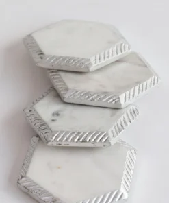Inspire Me! Home Decor White Marble Hexagon Coasters W/ Silver Edge