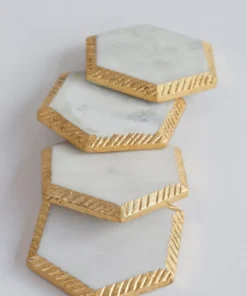 Inspire Me! Home Decor White Marble Hexagon Coasters W/ Gold Edge