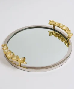 Inspire Me! Home Decor Large Round Decorative Mirror Tray With Gold Petal Handle Details