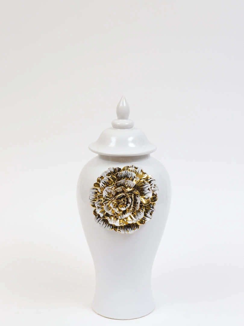 Inspire Me! Home Decor White Ginger Jar With Large Gold Flower Detail (3 Sizes)