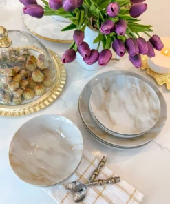 Inspire Me! Home Decor Gold 12 Piece Beige And White Marble Print Dinnerware Set