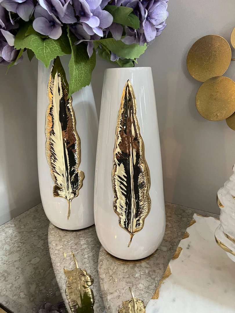 Inspire Me! Home Decor White Ceramic Vase With Gold Leaf Design (3 Sizes)