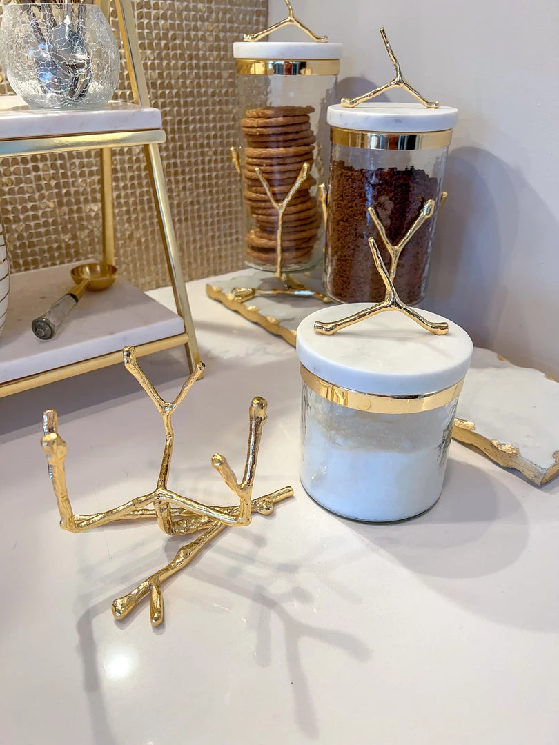 Inspire Me! Home Decor Glass Canister On Gold Twig Base With Marble Lid (3 Sizes)