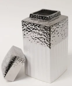 Inspire Me! Home Decor White Hammered Canister With Silver Border & Lid (3 Sizes) Gold