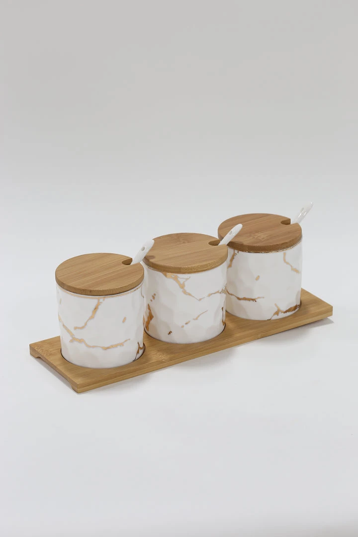 Inspire Me! Home Decor (Set Of 3) Metallic Gold Marble Print Spice Jars With Spoons And Wooden Lid With Tray