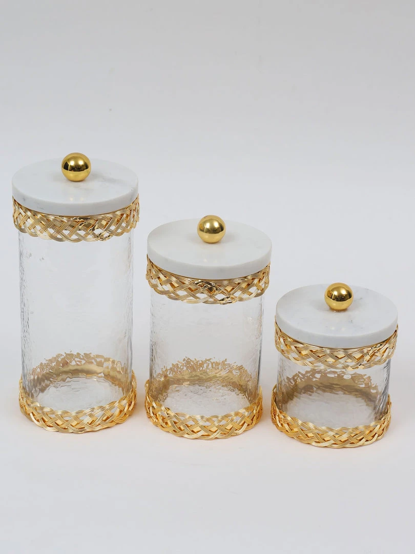 Inspire Me! Home Decor Glass Canister With Gold Lattice Design And Marble And Gold Lid (3 Sizes)