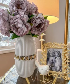 Inspire Me! Home Decor White Linear Ceramic Vase With Gold Floral Detail