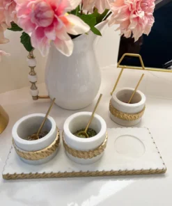 Inspire Me! Home Decor White Marble Condiment Tray With 3 Bowls & Golden Spoons