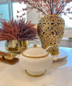 Inspire Me! Home Decor Gold And White Beaded Soup Tureen & Ladle