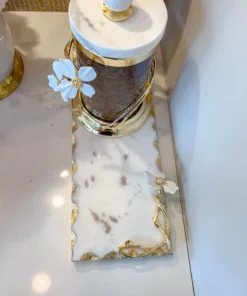 Inspire Me! Home Decor Small Rectangular Marble Tray With White Jeweled Flower Details