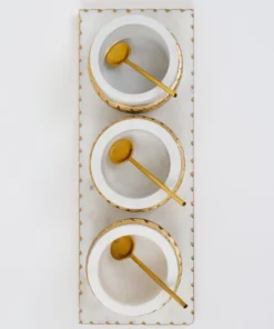 Inspire Me! Home Decor White Marble Condiment Tray With 3 Bowls & Golden Spoons