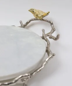 Inspire Me! Home Decor Round Marble Tray With Gold Branch & Bird Details