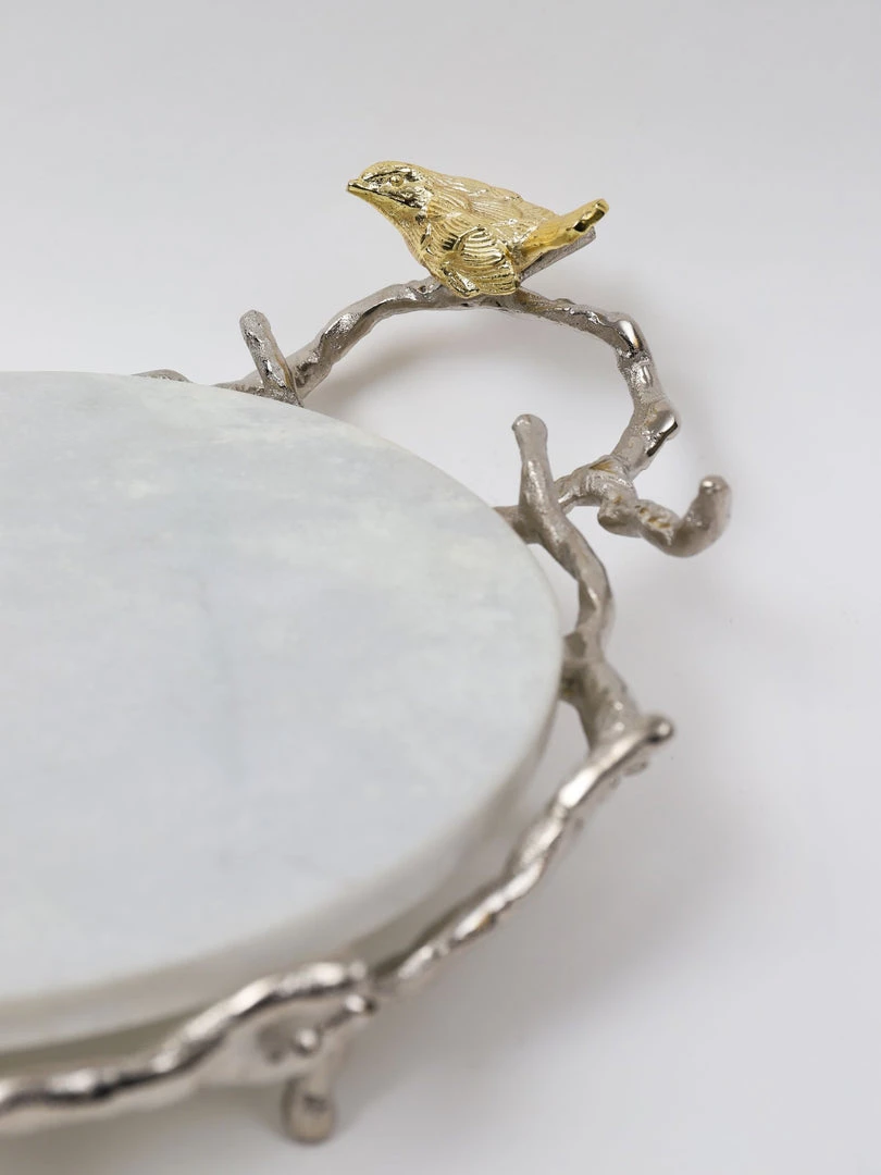 Inspire Me! Home Decor Round Marble Tray With Gold Branch & Bird Details
