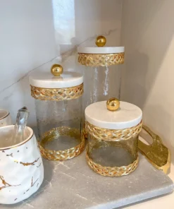 Inspire Me! Home Decor Glass Canister With Gold Lattice Design And Marble And Gold Lid (3 Sizes)