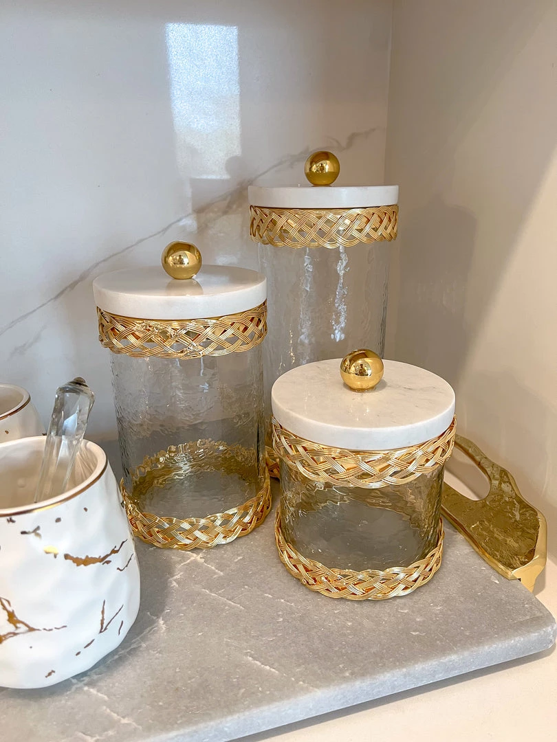 Inspire Me! Home Decor Glass Canister With Gold Lattice Design And Marble And Gold Lid (3 Sizes)