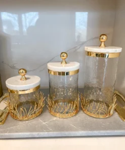 Inspire Me! Home Decor Glass Canister With Gold Branch Design And Marble And Gold Lid (3 Sizes)