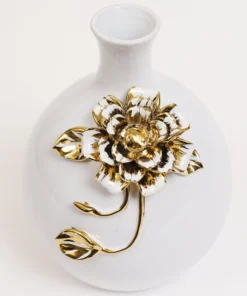 Inspire Me! Home Decor White Ceramic Vase With Gold Textured Flower Design