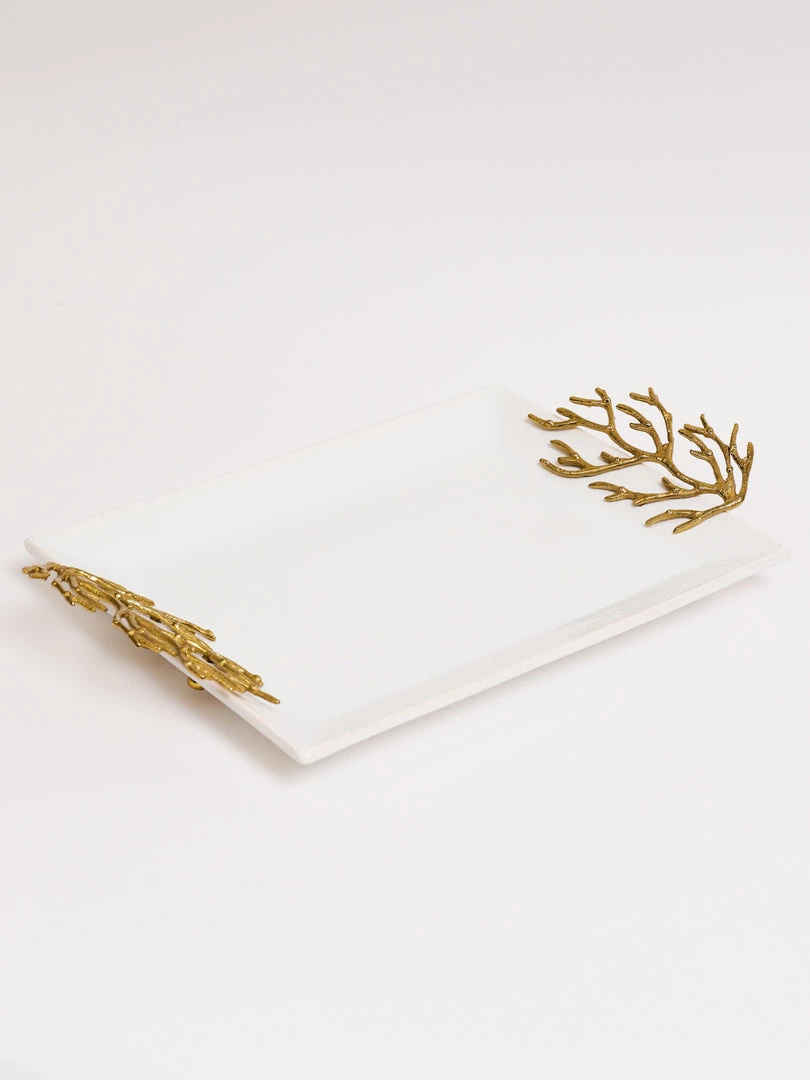 Inspire Me! Home Decor White Ceramic Tray With Gold Textured Design Handles " From Pops Of Color Home Collection"