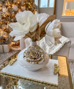 Inspire Me! Home Decor White Ceramic Vase With Gold Flower Design