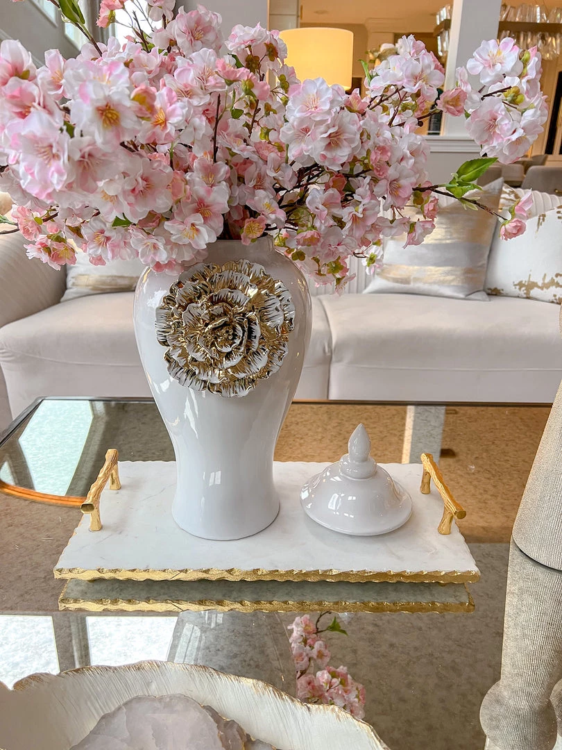 Inspire Me! Home Decor White Ginger Jar With Large Gold Flower Detail (3 Sizes)