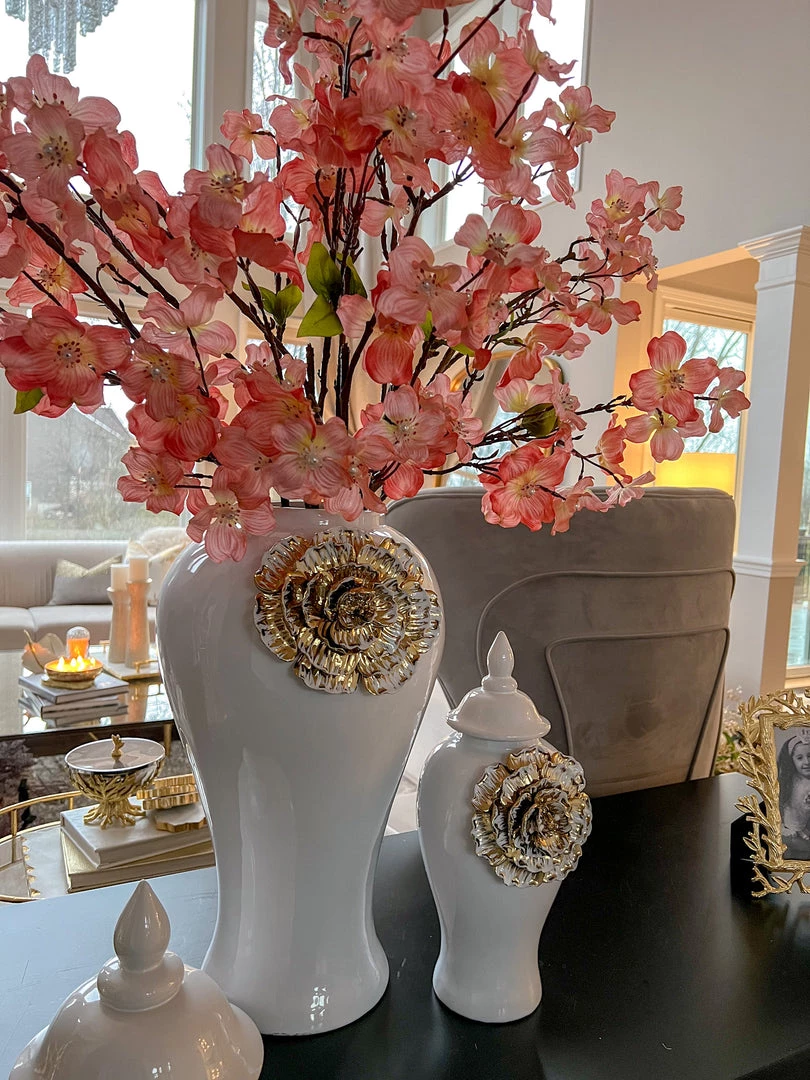 Inspire Me! Home Decor White Ginger Jar With Large Gold Flower Detail (3 Sizes)