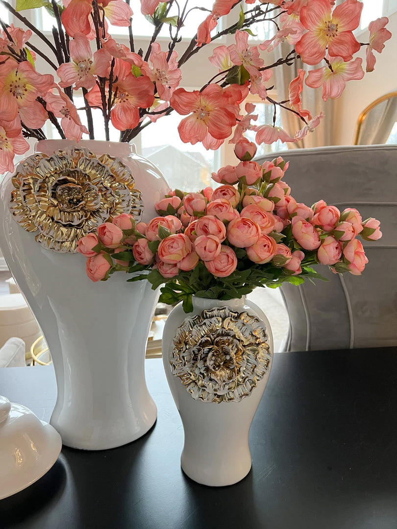 Inspire Me! Home Decor White Ginger Jar With Large Gold Flower Detail (3 Sizes)