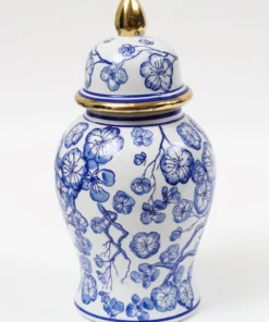 Inspire Me! Home Decor Blue Hibiscus Ginger Jar With Gold Detail
