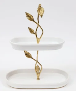 Inspire Me! Home Decor White Ceramic Two Tier Cake Stand With Gold Leaf Details