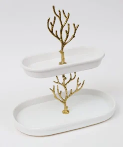 Inspire Me! Home Decor White Ceramic Two Tier Cake Stand With Gold Textured Details " From Pops Of Color Home Collection"