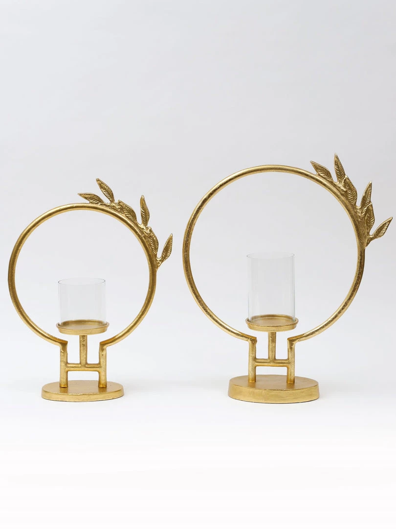 Inspire Me! Home Decor Golden Circle Leaf Design Hurricane Candle Holder (2 Sizes) " From Pops Of Color Home Collection"
