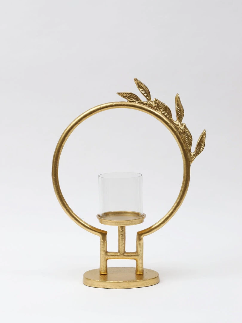 Inspire Me! Home Decor Golden Circle Leaf Design Hurricane Candle Holder (2 Sizes) " From Pops Of Color Home Collection"