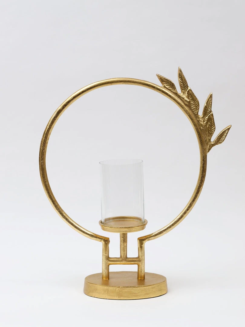Inspire Me! Home Decor Golden Circle Leaf Design Hurricane Candle Holder (2 Sizes) " From Pops Of Color Home Collection"