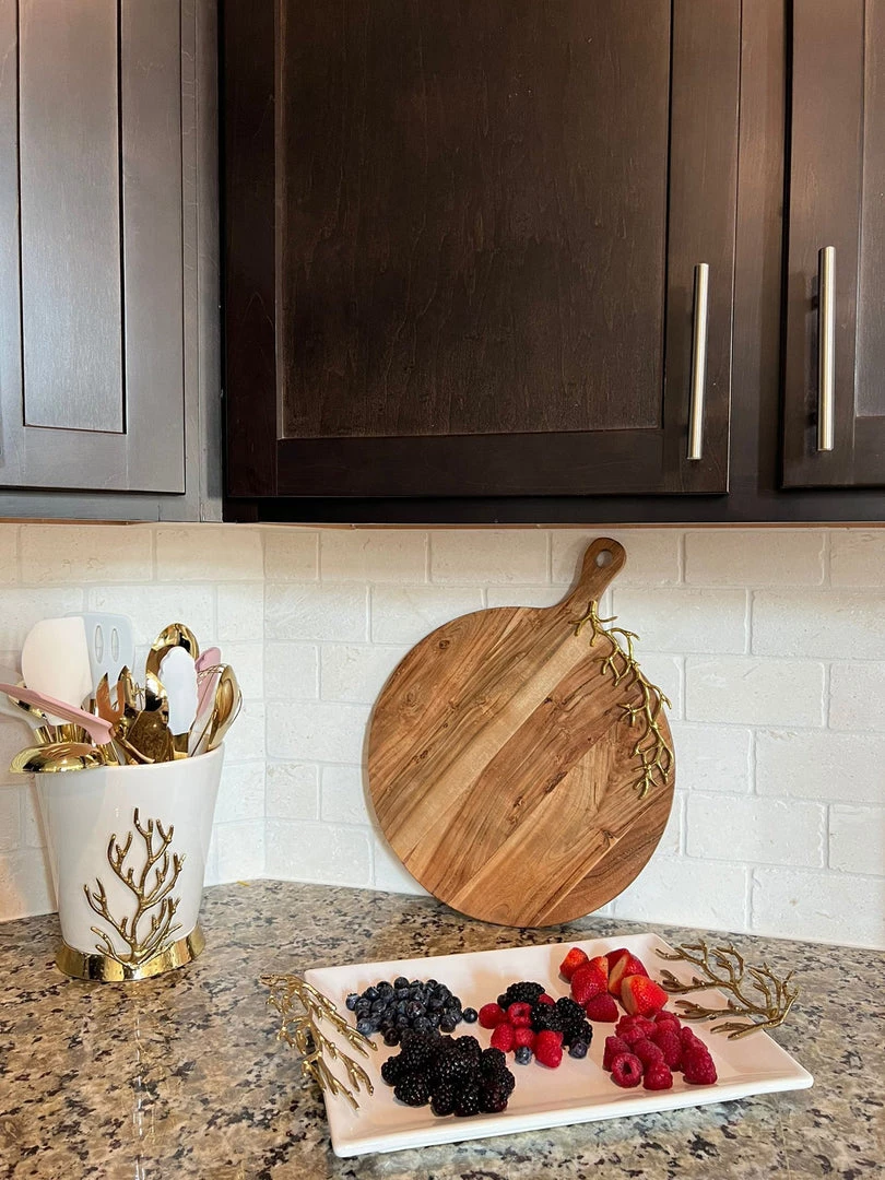 Inspire Me! Home Decor White Ceramic Utensil Holder With Gold Textured Details & Base " From Pops Of Color Home Collection"