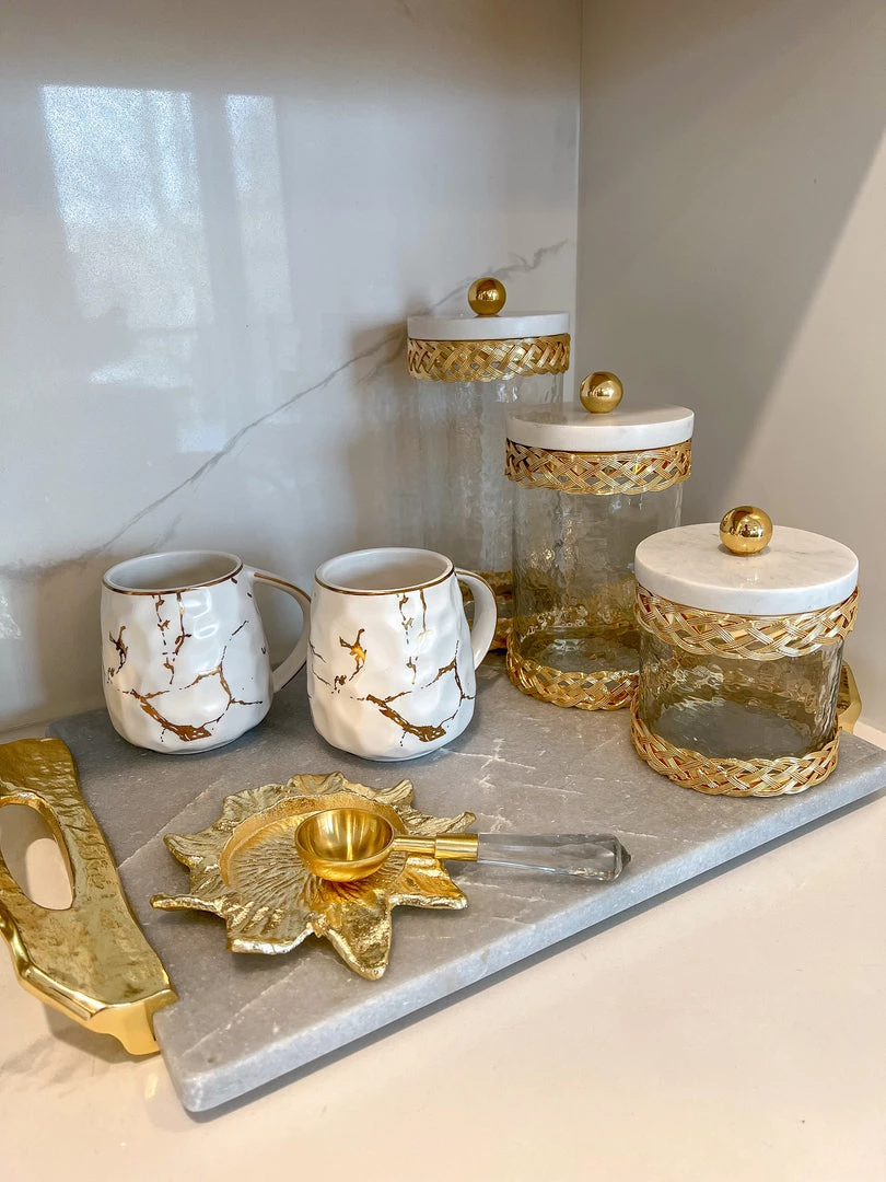Inspire Me! Home Decor Glass Canister With Gold Lattice Design And Marble And Gold Lid (3 Sizes)