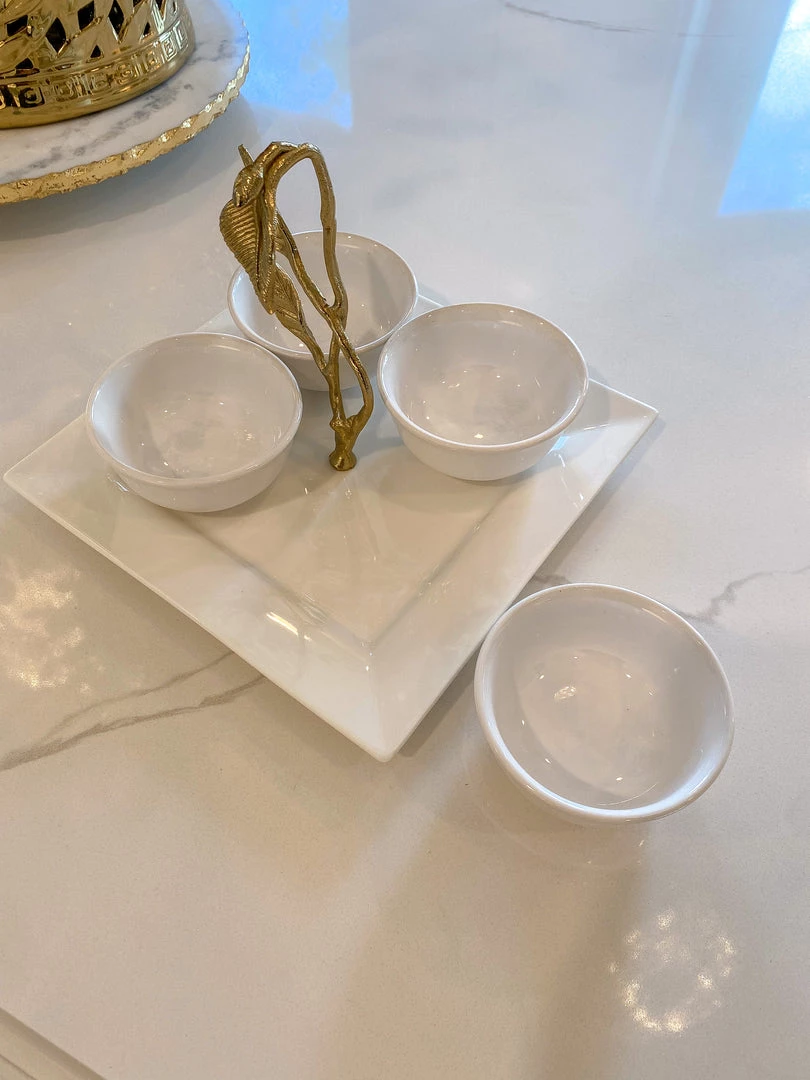 Inspire Me! Home Decor White Ceramic Serving Tray With 4 Bowls And Gold Leaf