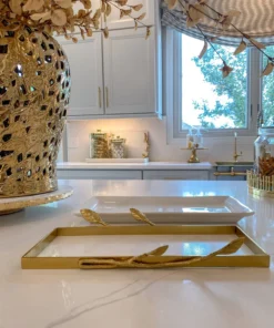 Inspire Me! Home Decor White Ceramic Tray With Gold Base And Leaf Detail