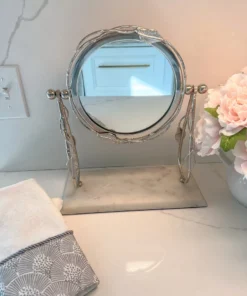 Inspire Me! Home Decor Round Table Mirror With Leaf Design Border And Marble Base (2 Colors) Gold