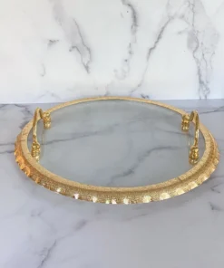 Inspire Me! Home Decor Large Round Glass Tray With Gold Handles And Ruffled Edge