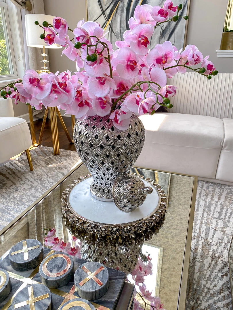 Inspire Me! Home Decor Round Marble Tray With Silver Floral Edge