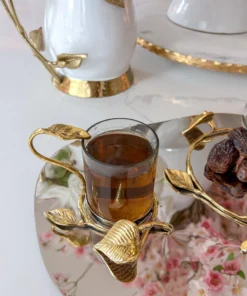 Inspire Me! Home Decor Silver Metal Oval Tray With Glass Mug & Cake Dome And Gold Leaf Details